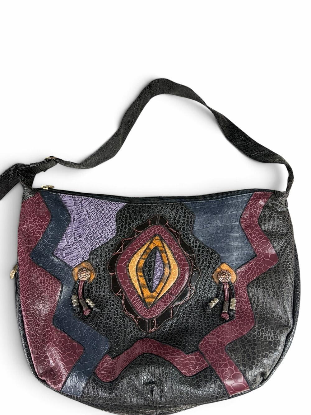 Vintage 80s NAS BAG Patchwork Faux Leather Shoulder Bag Dragon Snake Eye Boho
